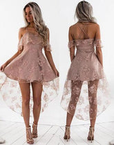 Fashion Blush A-Line Lace Off Shoulder High Low Homecoming Dress